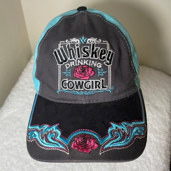 WHISKEY Drinking Cowgirl Embroidered Five Panel Velcro Back Hat - Picture 1 of 9